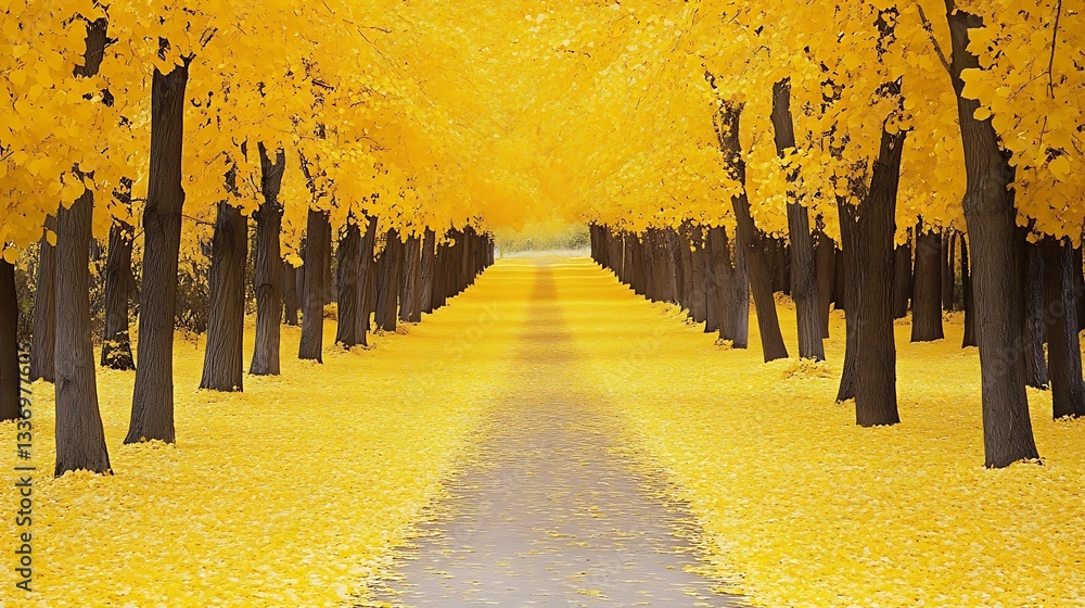 Golden autumn path, trees, leaves