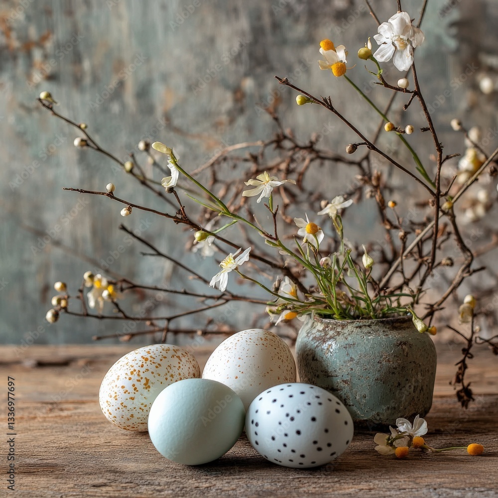 Obraz premium A cozy spring-themed Easter composition with decorated eggs and natural textures