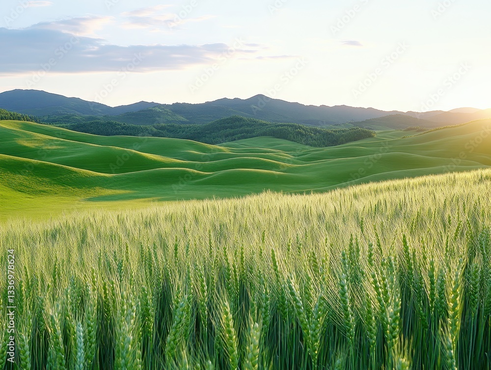 Fototapeta premium Lush Green Wheat Fields Under a Clear Sky at Sunset with Rolling Hills