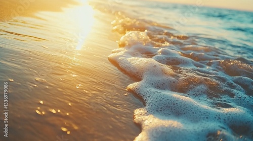 Gentle Ocean Waves Washing Over Sandy Shore Under Morning Sunlight, Evoking Calmness and Inner Peace