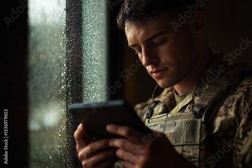 Soldier Communicating with Partner on Tablet During Deployment