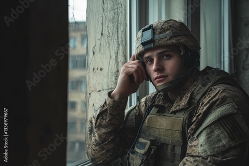 Obraz na płótnie Camouflage Soldier on Duty Observing through Rustic Window w salonie