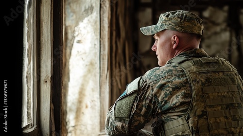 Soldier Observing through Window in Tactical Uniform