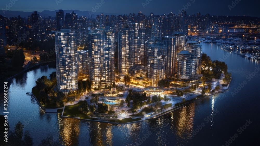 Naklejka premium A nighttime view of a modern waterfront residential complex surrounded by city lights.