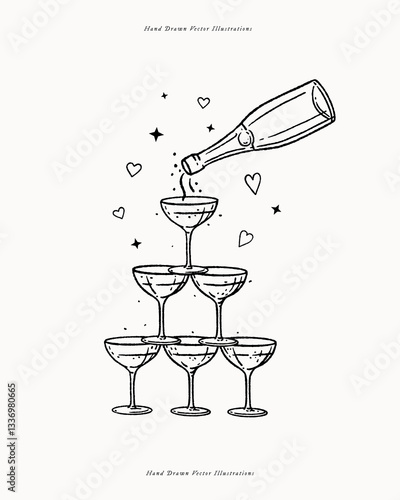 Hand-drawn champagne tower illustration. A bottle pours into stacked glasses with hearts and sparkles. Perfect for greeting cards, invitations, posters, banners, and postcards.