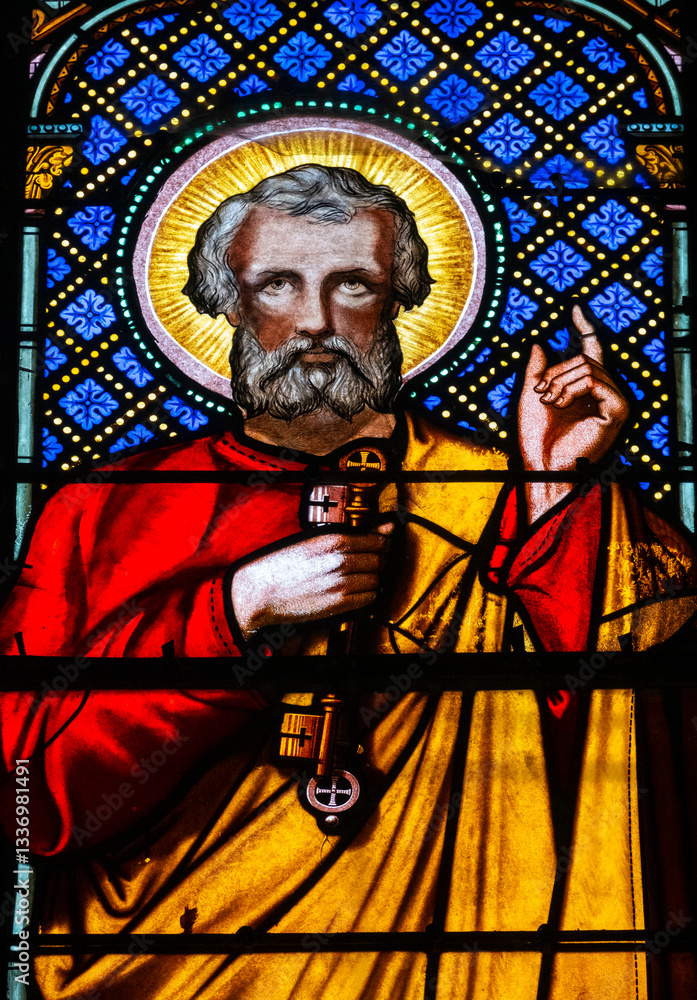 Fototapeta premium Stained glass (19th century) of Saint Peter the apostle with the keys of the Church.