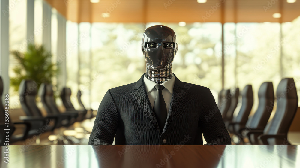Futuristic android executive in business suit seated at modern conference table in sunlit office with glass windows and chairs