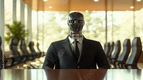 Obraz na płótnie Futuristic android executive in business suit seated at modern conference table in sunlit office with glass windows and chairs w salonie