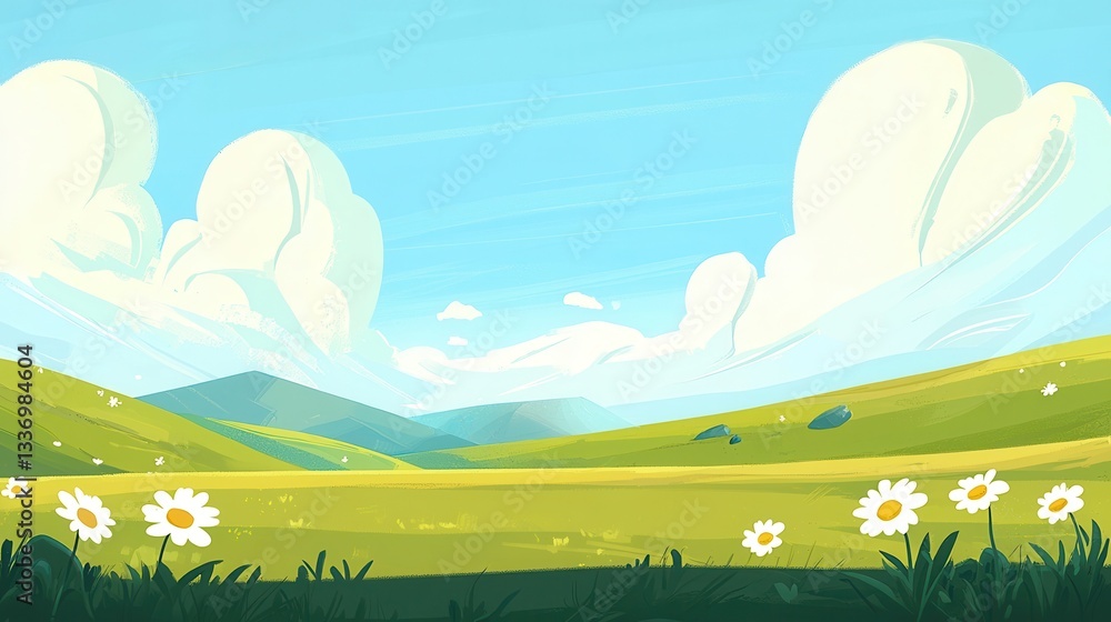 Fototapeta premium Sunny Meadow Landscape with Daisies and Rolling Hills