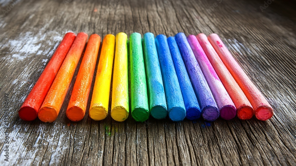 Rainbow crayons on rustic wood