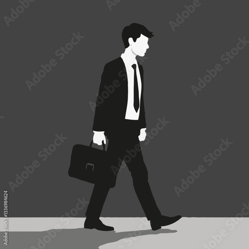 Tired office employee walking with briefcase in minimalist black and white style. Overworking, everyday routine, facelessness, metaphor for not liking your job
