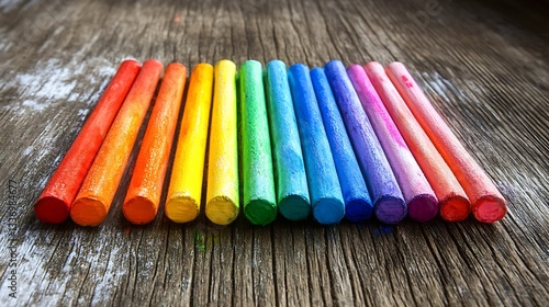 Obraz na płótnie Rainbow crayons on rustic wood w salonie