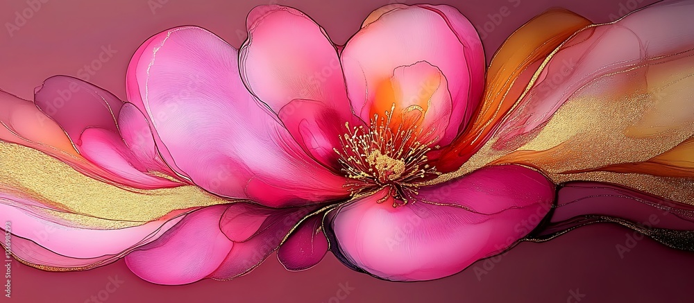 Pink flower abstract art, gold accents