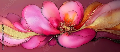Obraz na płótnie Pink flower abstract art, gold accents w salonie