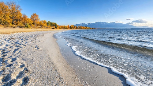 Wallpaper Mural Autumn Beach Scene Golden Leaves, Pebble Shore, and Distant Mountains Torontodigital.ca