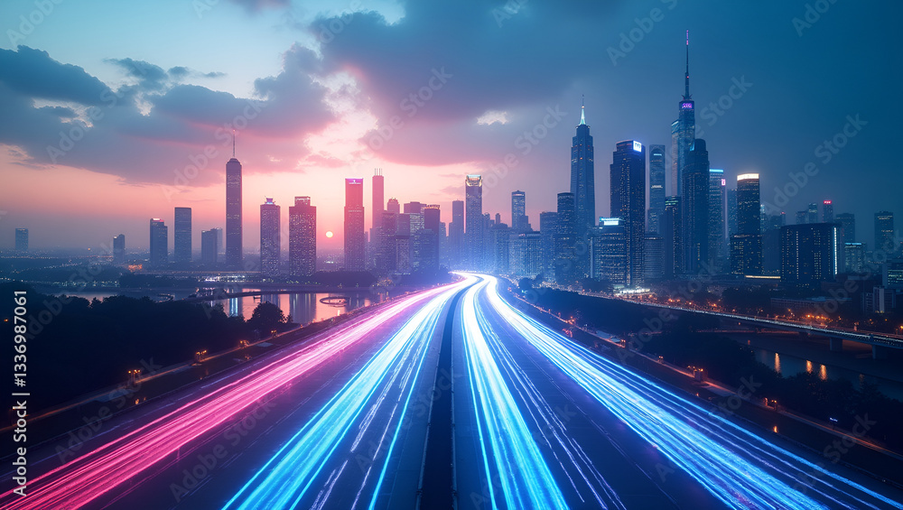 Fototapeta premium Futuristic Smart City with Digital Data Flow and High-Speed Connectivity