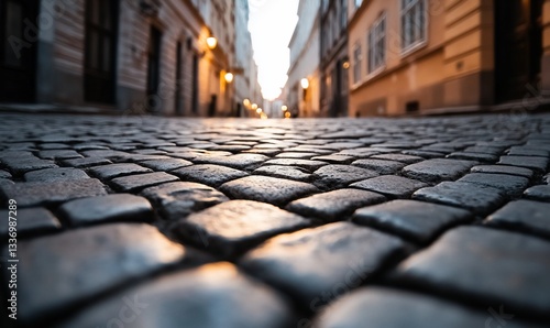 Cobblestone street at sunset, perspective view
