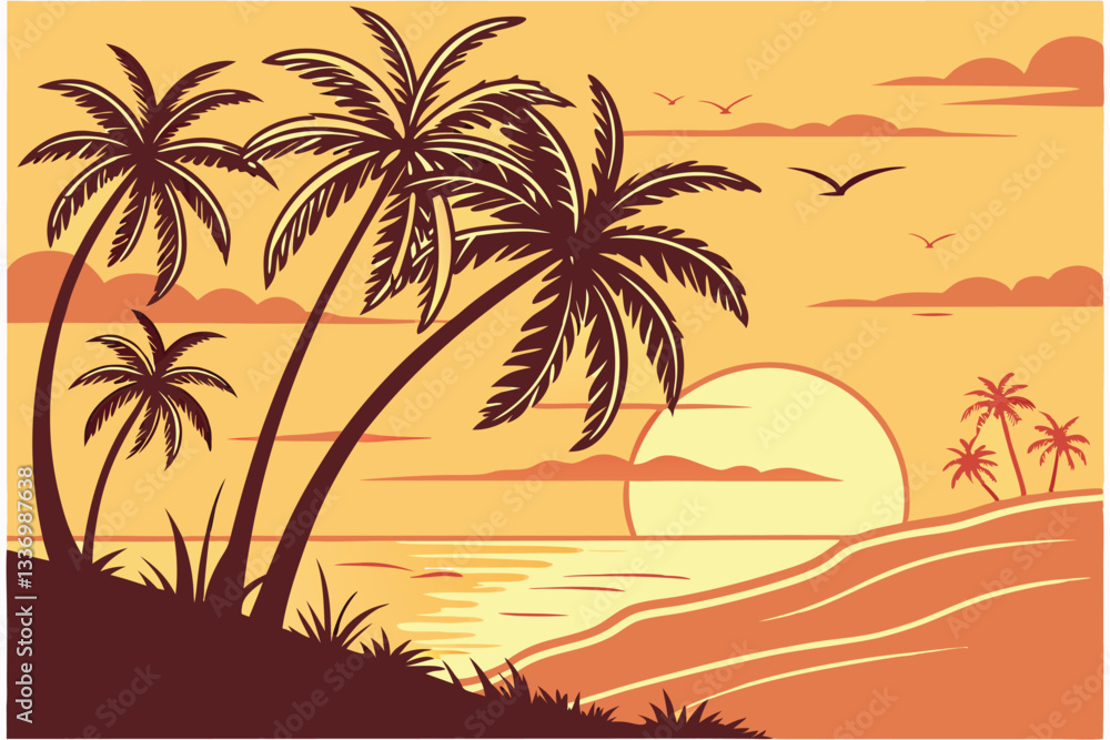 minimalist tropical coastline scene with palm trees and setting sun in warm orange tones for travel branding and vacation themed design
minimalist tropical coastline scene with palm trees and setting sun in warm orange tones for travel branding and vacation themed design