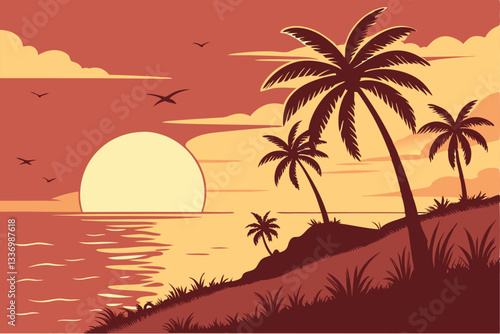 retro style beach sunset illustration with palm tree silhouettes against gradient orange sky for resort marketing and tourism advertisement
