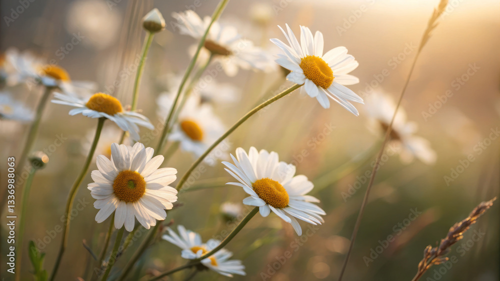 Bright daisies sway gently in summer breeze, capturing essence of warm, tranquil evening Bright daisies sway gently in summer breeze, capturing essence of warm, tranquil evening