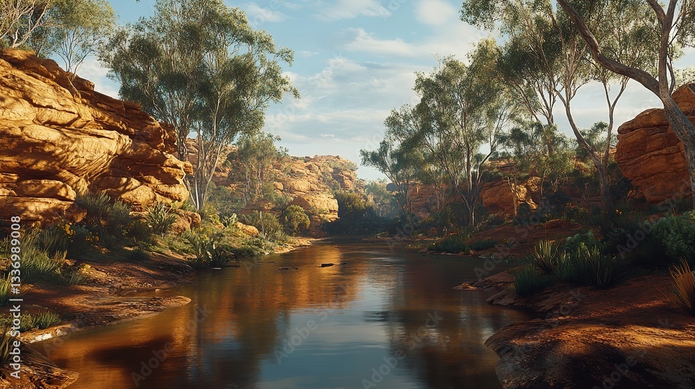 Scenic landscape of a tranquil canyon with lush greenery and reflections in calm waters under a bright blue sky Scenic landscape of a tranquil canyon with lush greenery and reflections in calm waters under a bright blue sky