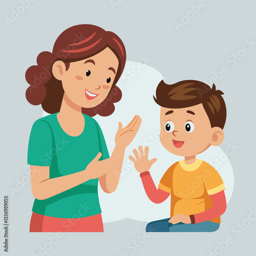 A cartoon vector illustration depicts a loving mother with her son, baby, and daughter, a happy family moment