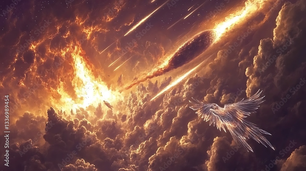 Fiery meteor shower, angelic bird, cloudy sky