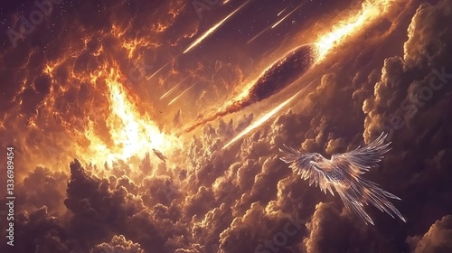 Obraz na płótnie Fiery meteor shower, angelic bird, cloudy sky w salonie