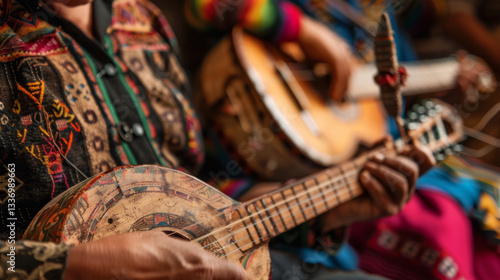 Traditional musicians playing string instruments colorful attire