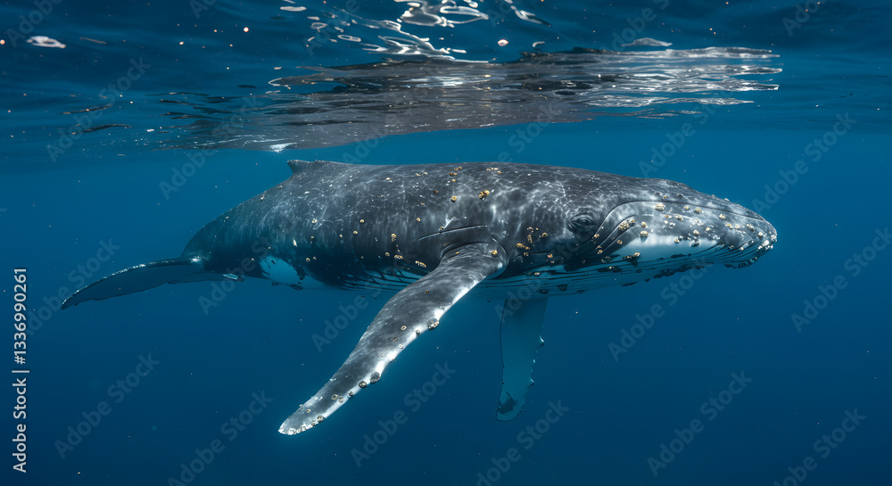 Naklejka premium A whale and its barnacle companions drifting through the ocean depict the coexistence of organisms in shared habitats.