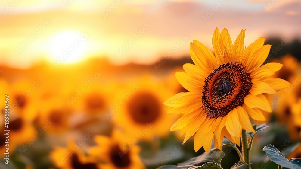 Obraz premium A field of giant sunflowers waving in a gentle breeze under a golden sunset