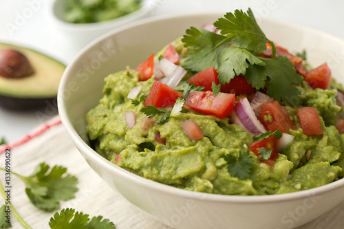 Freshly Made Guacamole with Diced Tomatoes and Cilantro Garnish in a Bowl on White Background with Avocado Slices and Herbs Surrounding