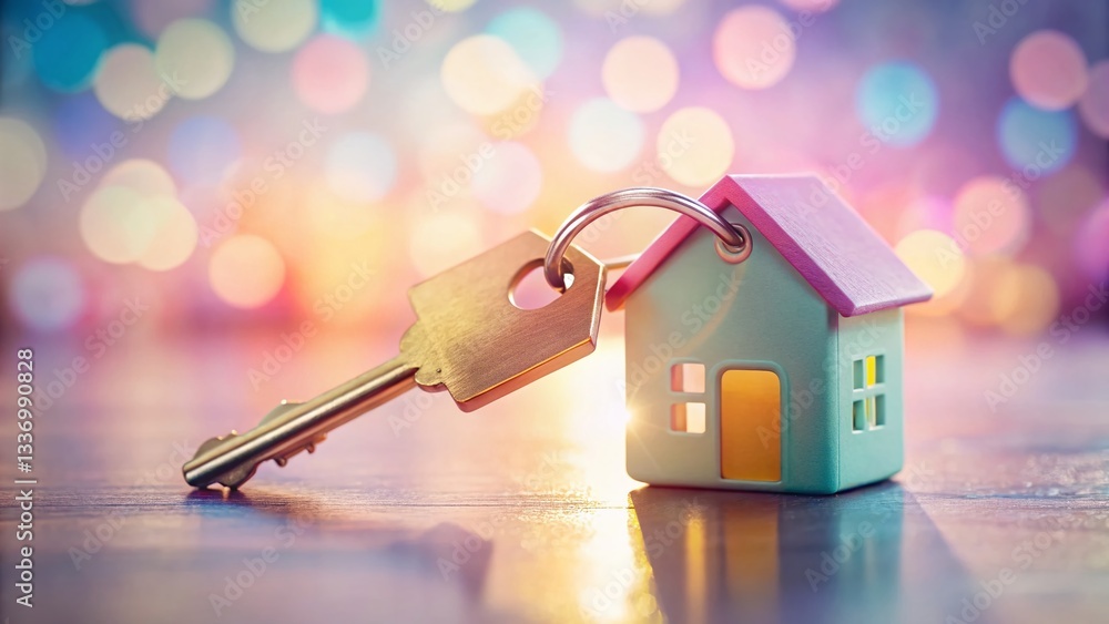 Colorful House Key with Price Tag on Pink – Real Estate Stock Photo