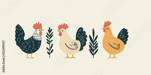 charming chickens with funny expressions, flat design