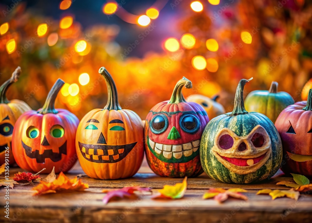 Fototapeta premium Colorful Pumpkins, Scary Masks & Happy Halloween Macro Background