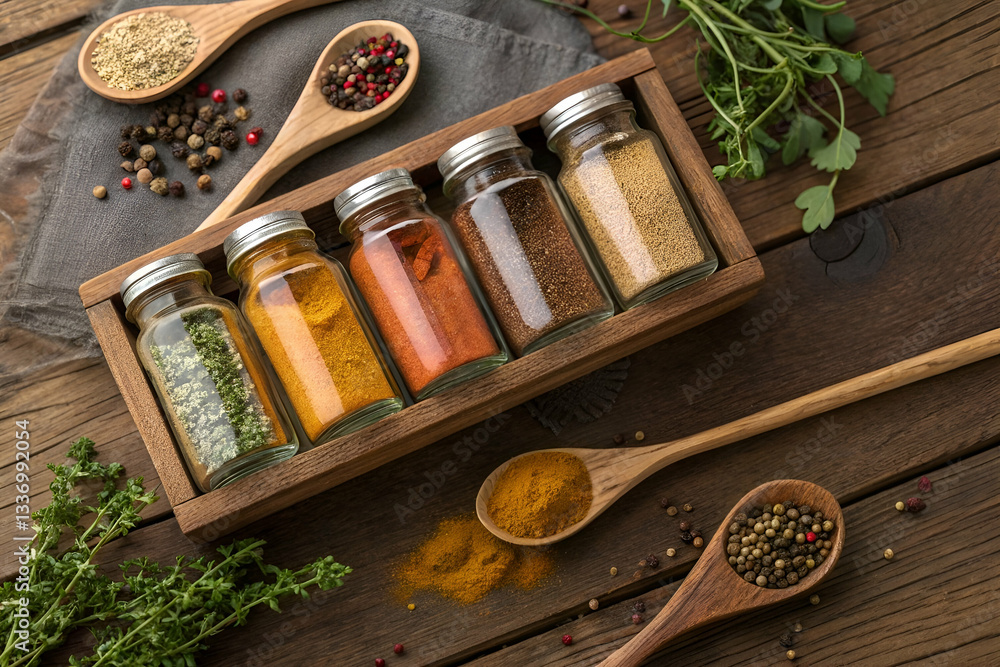Assorted Spices in Glass Jars on Wooden Tray with Fresh Herbs and Wooden Spoons for Culinary Photography and Food Preparation Inspiration