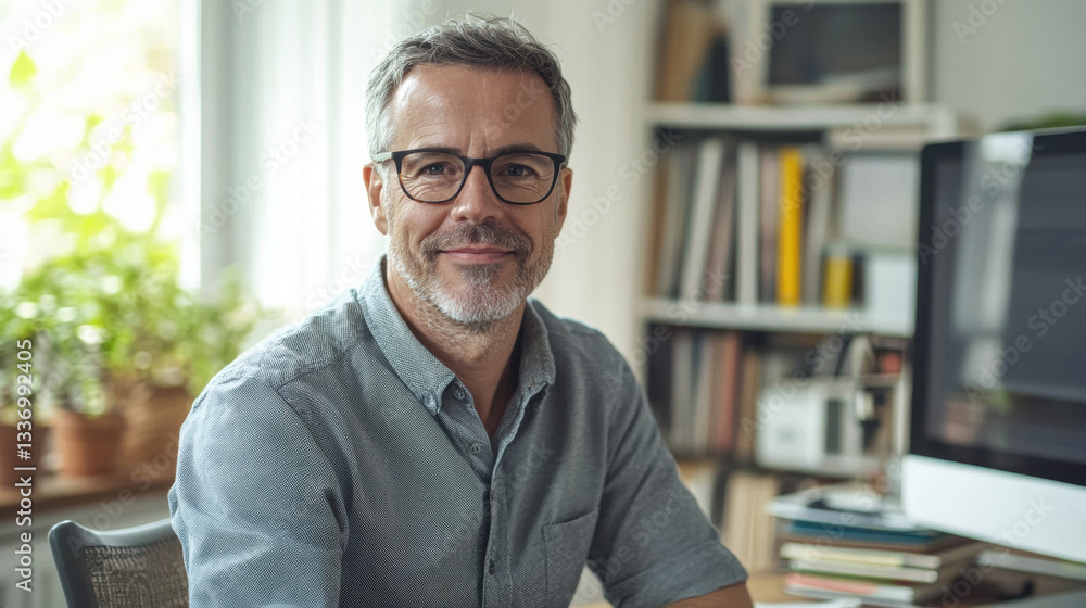 Fototapeta premium Friendly man in his 50s with glasses, in a casual shirt, sitting at a desk with a monitor and books in a bright home office space