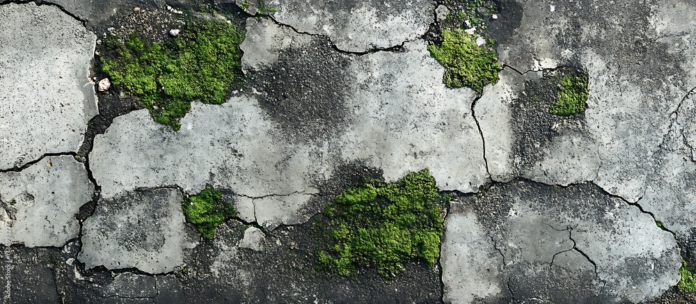 Cracked pavement, moss growth
