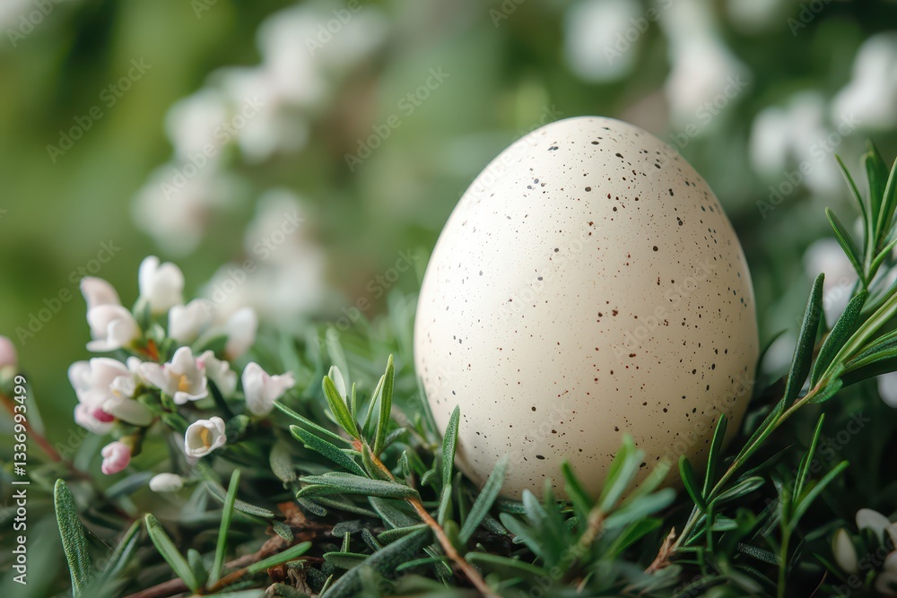 Natural egg resting among flowers and greenery Natural egg resting among flowers and greenery