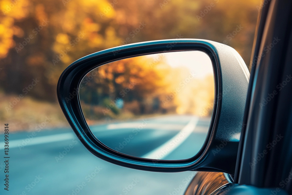 Reflection of autumn colors in a car side mirror while driving on a winding road through a forested area Reflection of autumn colors in a car side mirror while driving on a winding road through a forested area