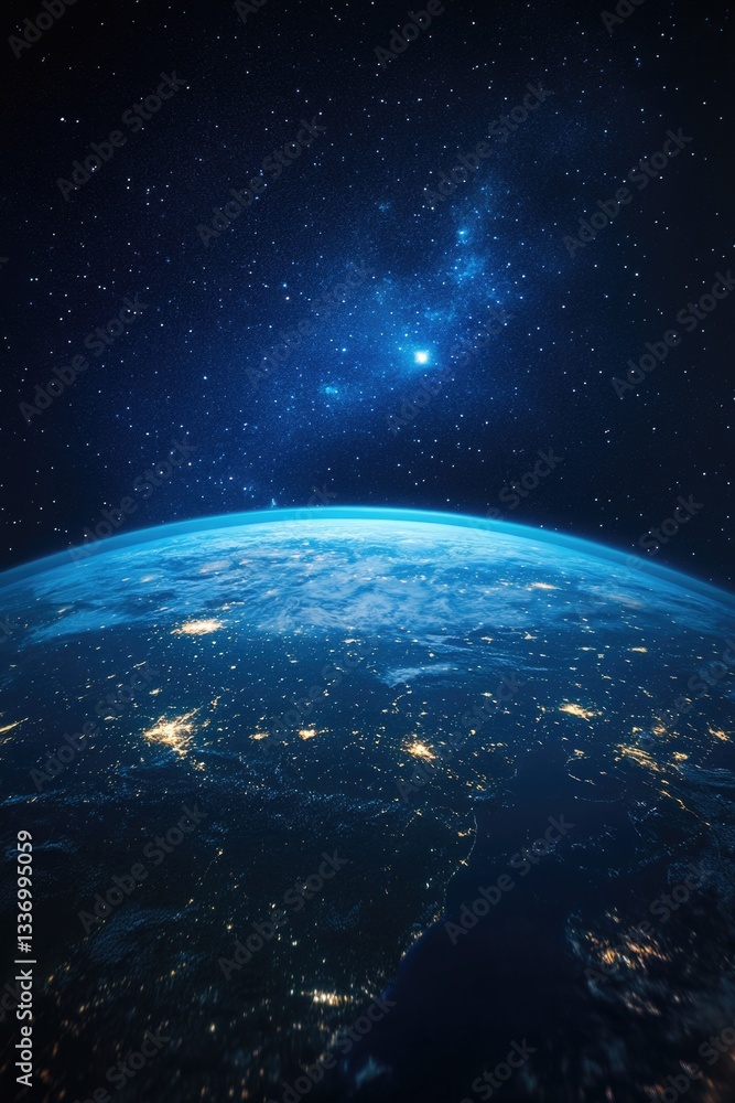 Obraz premium Photo of Earth from space at night with city lights and stars in background