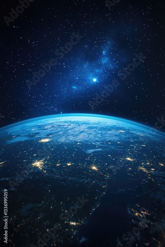Photo of Earth from space at night with city lights and stars in background