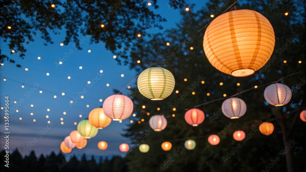 Naklejka premium Colorful lanterns illuminate serene evening, creating magical atmosphere with summer, breeze. Perfect for gatherings