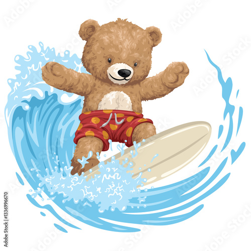 Cute teddy bear surfing on a big ocean wave