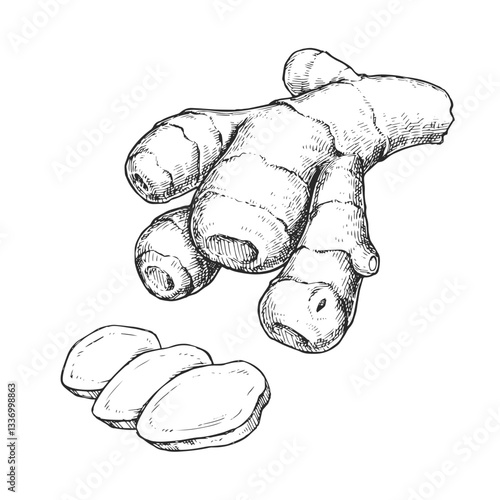 Vector hand-drawn illustration of ginger root. Black and white sketch of spice. Ingredient for cooking.
