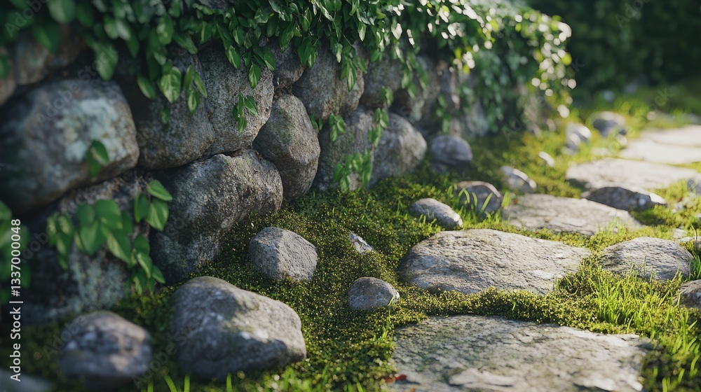 Serene Stone Path: A Mossy Walkway Beside a Verdant Stone Wall Serene Stone Path: A Mossy Walkway Beside a Verdant Stone Wall