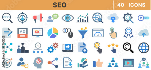 "SEO Colored Icons – Search Engine Optimization, Digital Marketing, Keyword Ranking, Backlinks, Web Analytics, SEM, Link Building, Online Strategy, Vector Set"