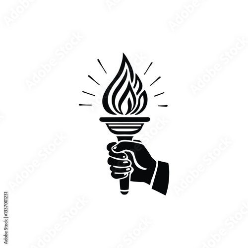 hand holding Flaming torch Torch Illustration: Black and White Symbol of Knowledge and Enlightenment with Radiant Flame