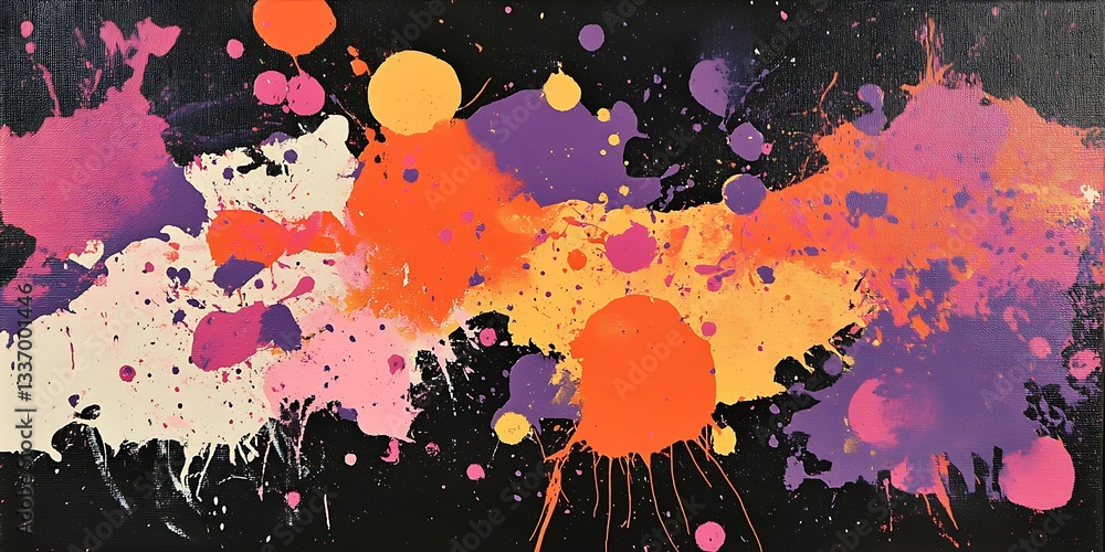 Colorful paint splatters on black canvas