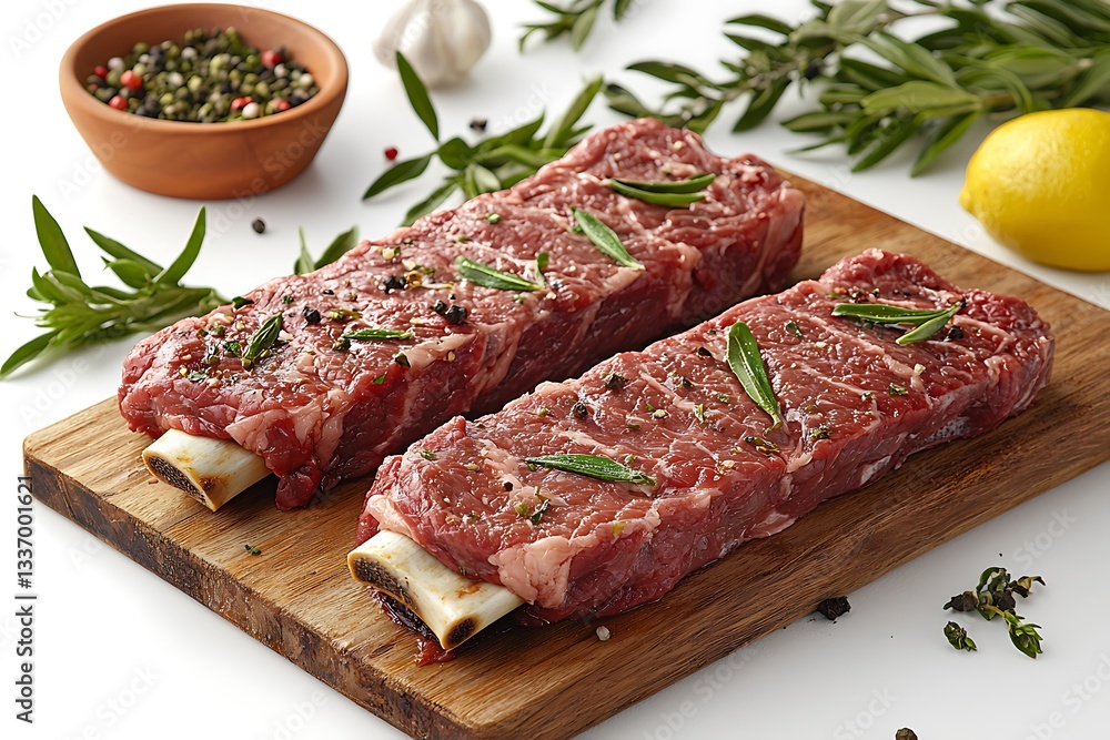Two raw seasoned beef steaks prepared for a delicious meal Two raw seasoned beef steaks prepared for a delicious meal